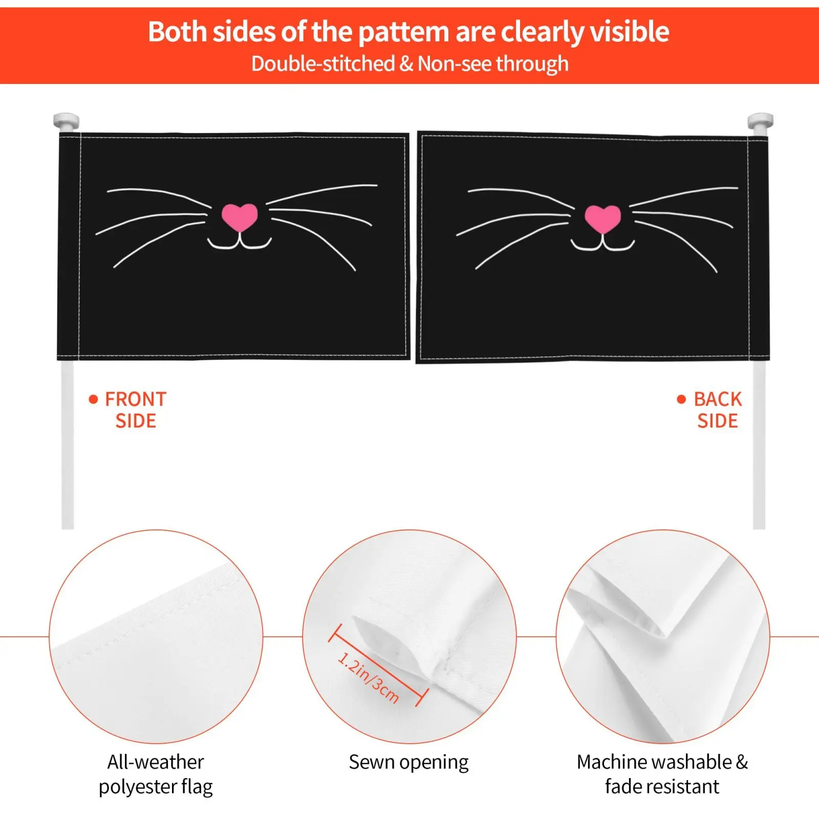 Белый кошачий нос с розовым сердцем флаг автомобиля забавная черная кошка лицо