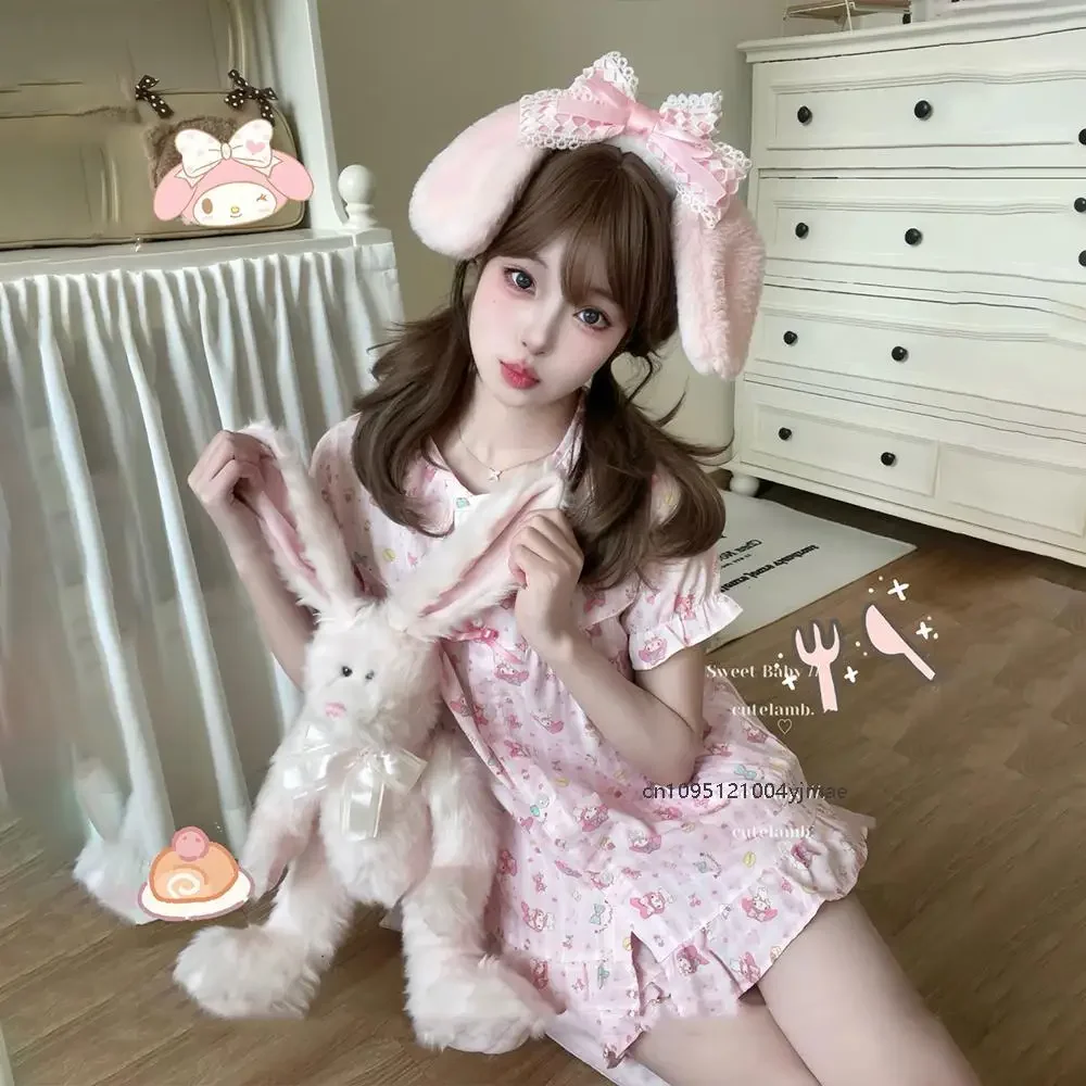Фото 2 шт. Sanrio My Melody, милый розовый сладкий пижамный костюм Y2K Kt Cat, домашняя одежда, женская верхняя рубашка с короткими рукавами, шорты, летняя одежда для сна №3
