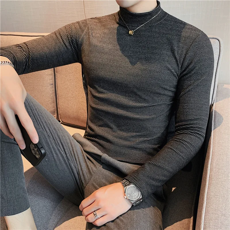 Autumn and Winter Half-high Collar Double-sided Plush Stripe Long sleeves Shirt Men's Slim fit Dralon Inner wear Warm Bottomi...