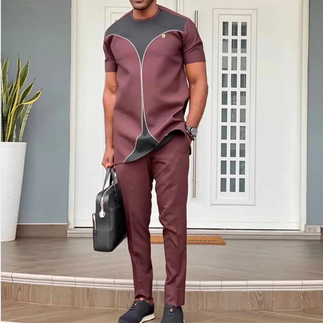 

African Clothing for Man Shirts and Pants 2 Pieces Patchwork Short Sleeves Round Neck Men's Fashion Casual Business Suit (M-4XL)