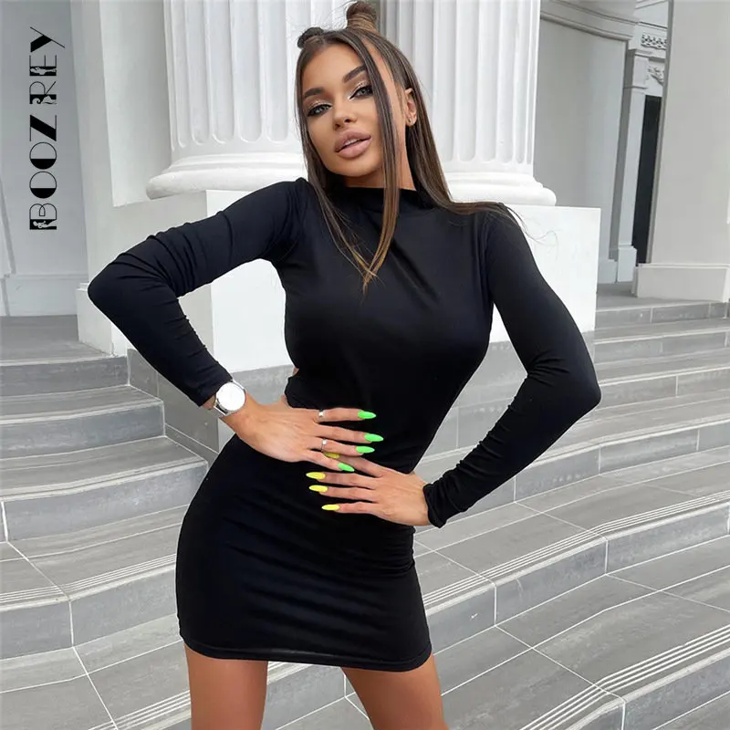 

BoozRey Half High Collar Backless Dresses for Women 2023 New Korean Fashion Sexy Long Sleeve Party Dress Skirts Y2k Clothes