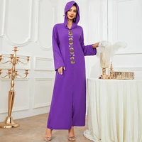 tonlinker diamond v neck hooded maxi dress wome dubai arab muslim party festive abaya dress front slit casual robe eid clothing