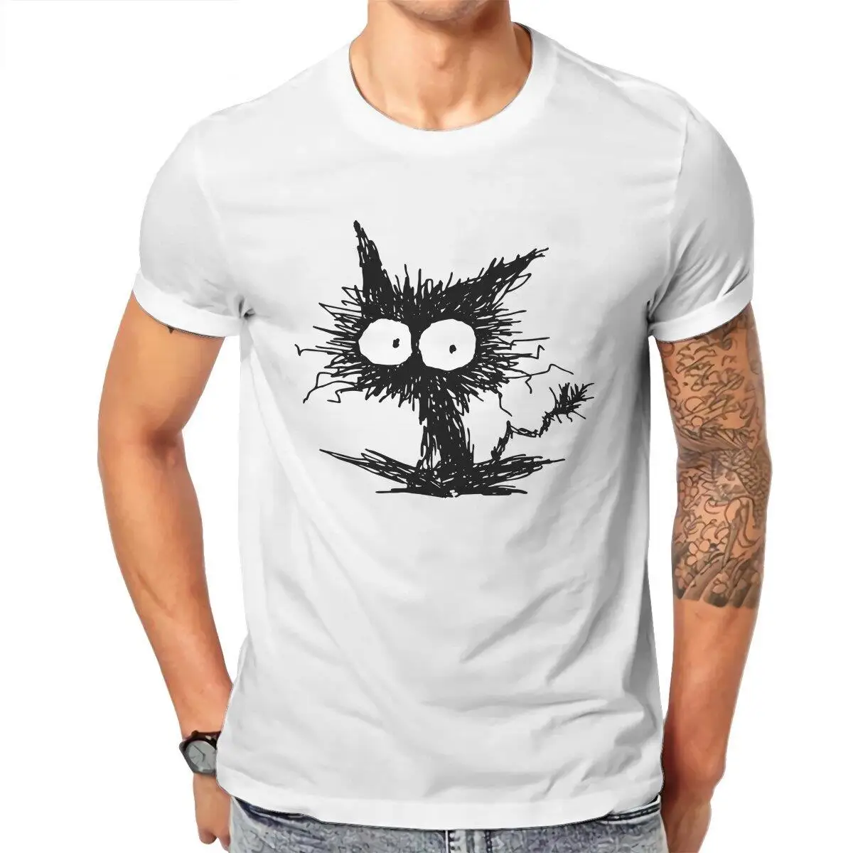 Funny Cat  T-Shirts Men Kawaii Cartoon Animal Fun Pure Cotton Tees Round Collar Short Sleeve T Shirt Birthday Gift Clothing