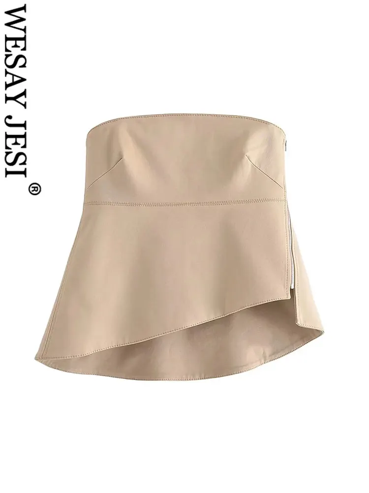 WESAY JESI TRAF Women's Sleeveless Backless Strapless Zip Side Asymmetric Hem Bolero Summer Fashion Beige Women's Corset