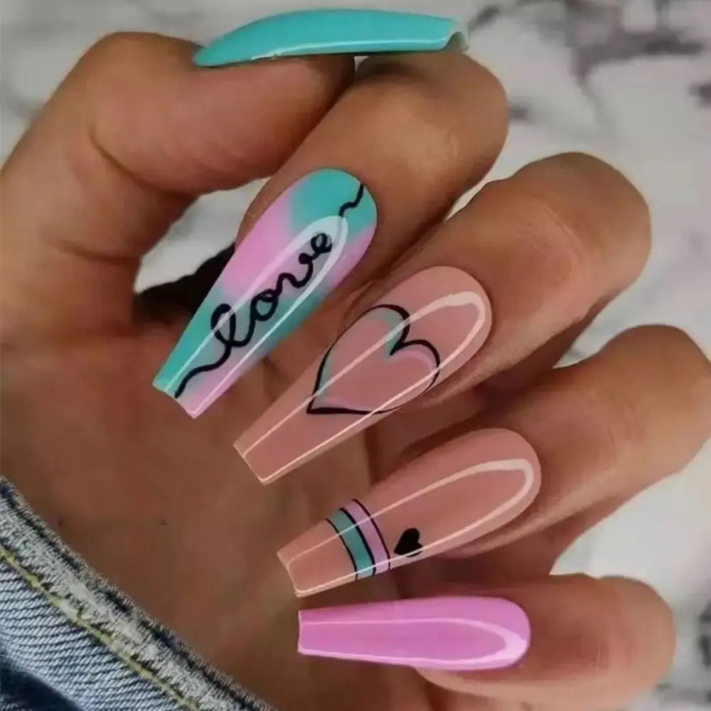 

24pcs Manicure Pure Color Full Cover Gradient Love Heart Press on Nails French Long Ballerina Blue Pink Fake Nails