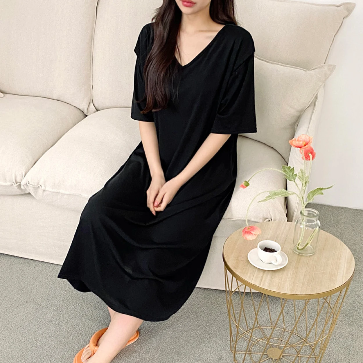 

브이넥 스판 수유원피스 2112