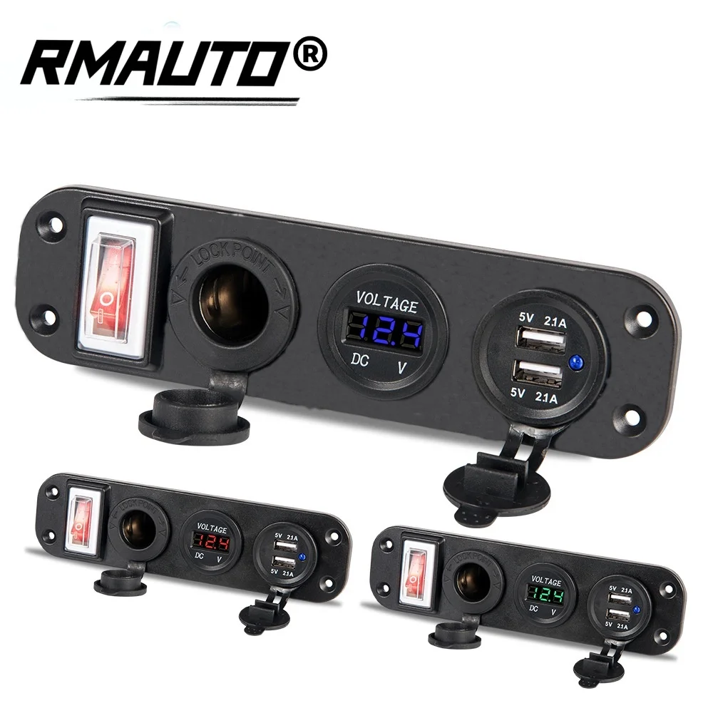 

12V/24V Toggle Rocker Switch Panel Digital Voltmeter Dual USB Cigarette Lighter Socket ON-OFF Button Switch for Car Boat Truck