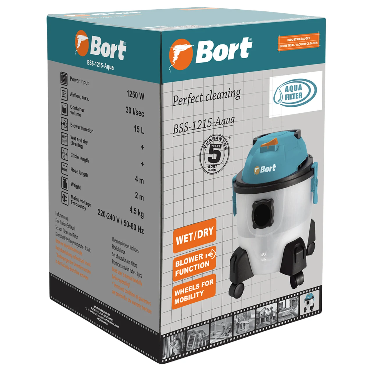 Пылесос для сухой и влажной уборки Bort BSS 1215 Aqua (1250 Вт расход воздуха 30 л/сек диаметр