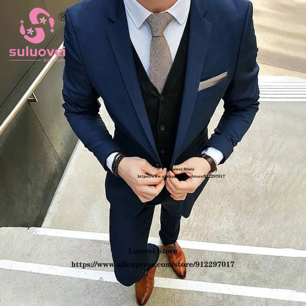 Classic Navy Blue Suits For Men Slim Fit 3 Piece Jacket Vest Pants Set Formal Groom Wedding Tuxedo Male Office Business Blazer