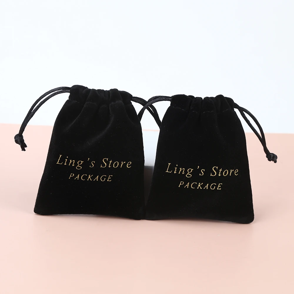 Personalized Logo Name Black Velvet Drawstring Jewelry Small Gift Bags Wedding Favors For Guests Bulk 100 Lipstick Cosmetic Bag