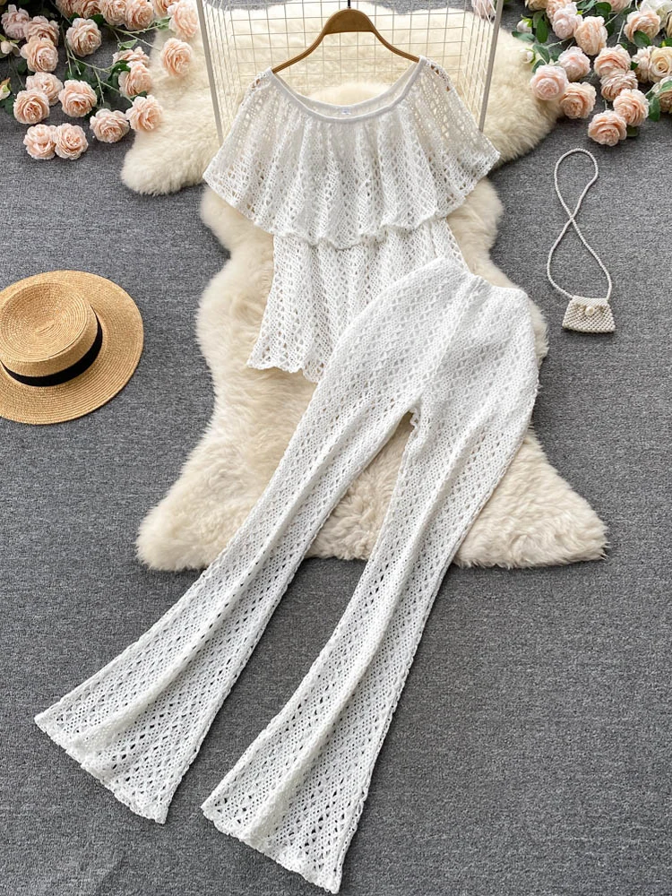 

YuooMuoo Women Summer Two Piece Suits Sexy Hollow Out Ruffle Tops + Long Pants White Black Beach Suits Streetwear