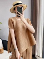 summer new fashion pleated t shirt women loose casual o neck short sleeve solid color folds tops big size 2022