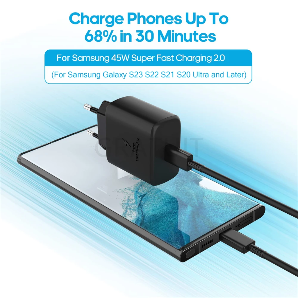 

Супербыстрое зарядное устройство 45 Вт для Samsung Galaxy S23 S22 S21 Ultra, USB C-кабель, быстрая зарядка, зарядное устройство для телефона, аксессуары