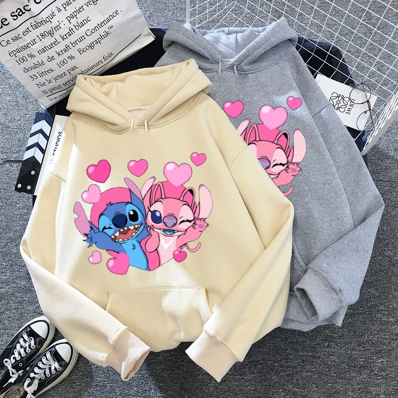 

Disney Stitch Hoodies Women Harajuku Pullovers Cute Kawaii Casual Tops O-Neck Angel Print Hooded Sweatshirt Long Sleeves
