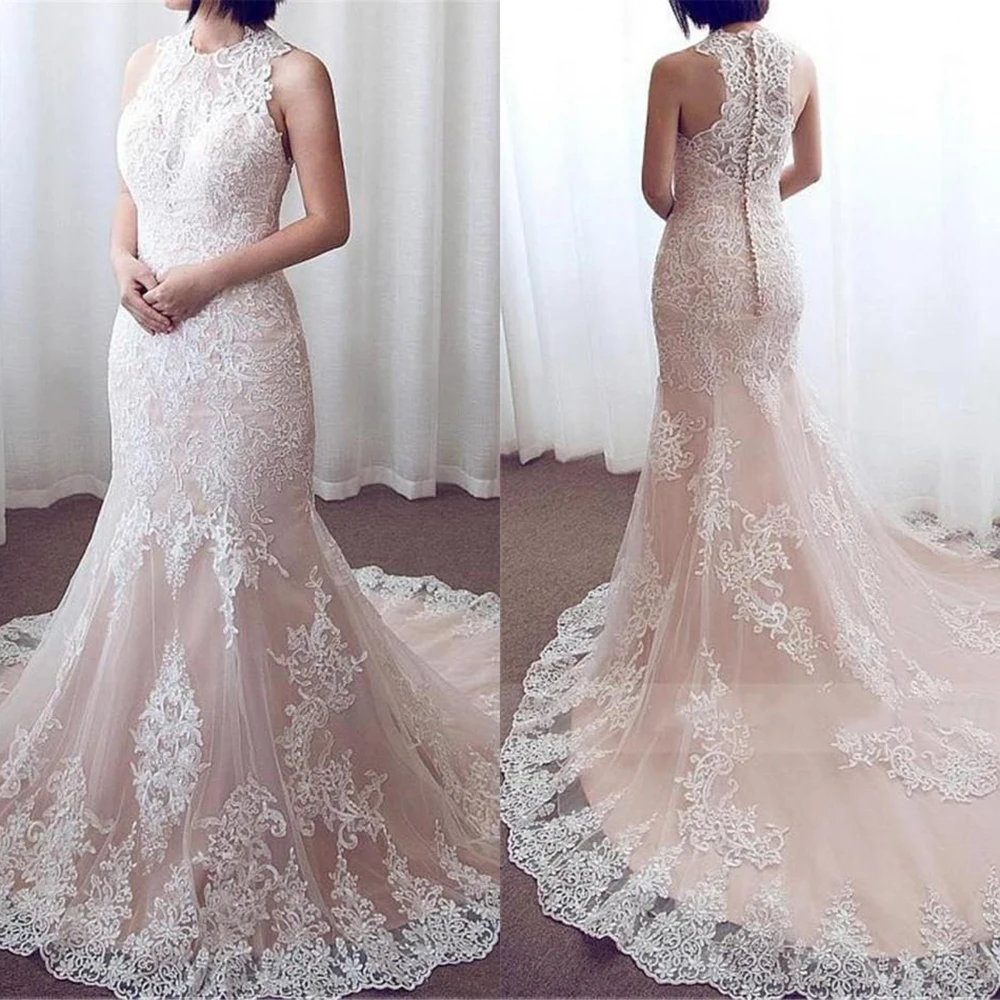 

Gorgeous Lace Mermaid Wedding Dresses Sleeveless Jewel Neck Sweep Train Applique Covered Buttons Custom Made Beach Wedding Gown
