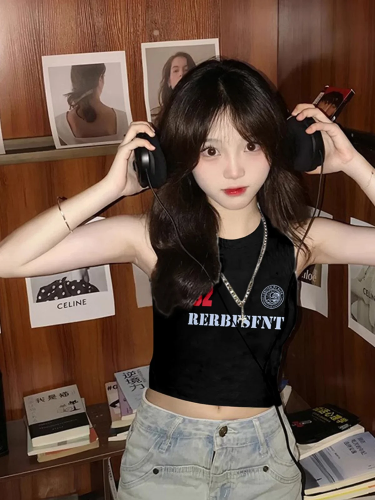 Женский короткий топ без рукавов Gyaru черный Уникальный Шикарный с завышенной