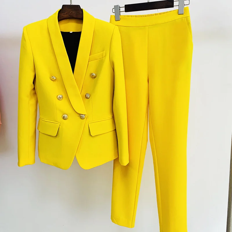 

Yellow Blue Pink Red Black Women Pantsuit Business Classic Double Breasted Buttons Nine Blazer Pants Set Two Piece Formal Suits