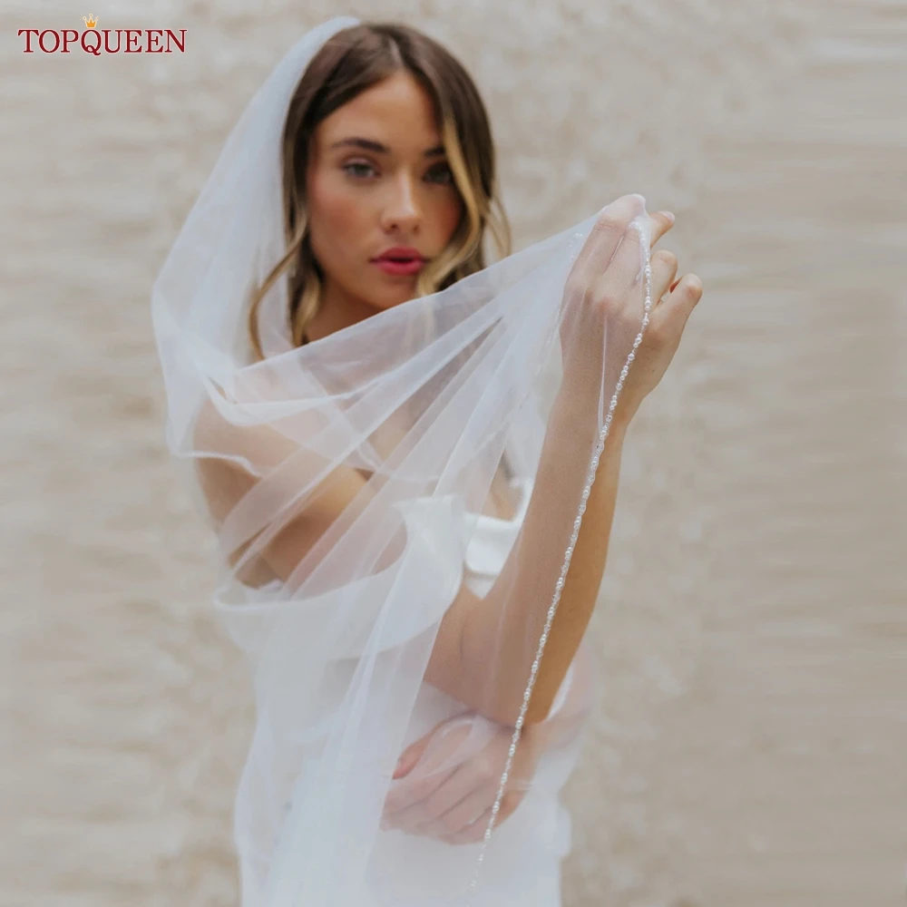 TOPQUEEN V107 Wedding Veils With Pearl And Beading Bridal Crystal Beaded Bling Short