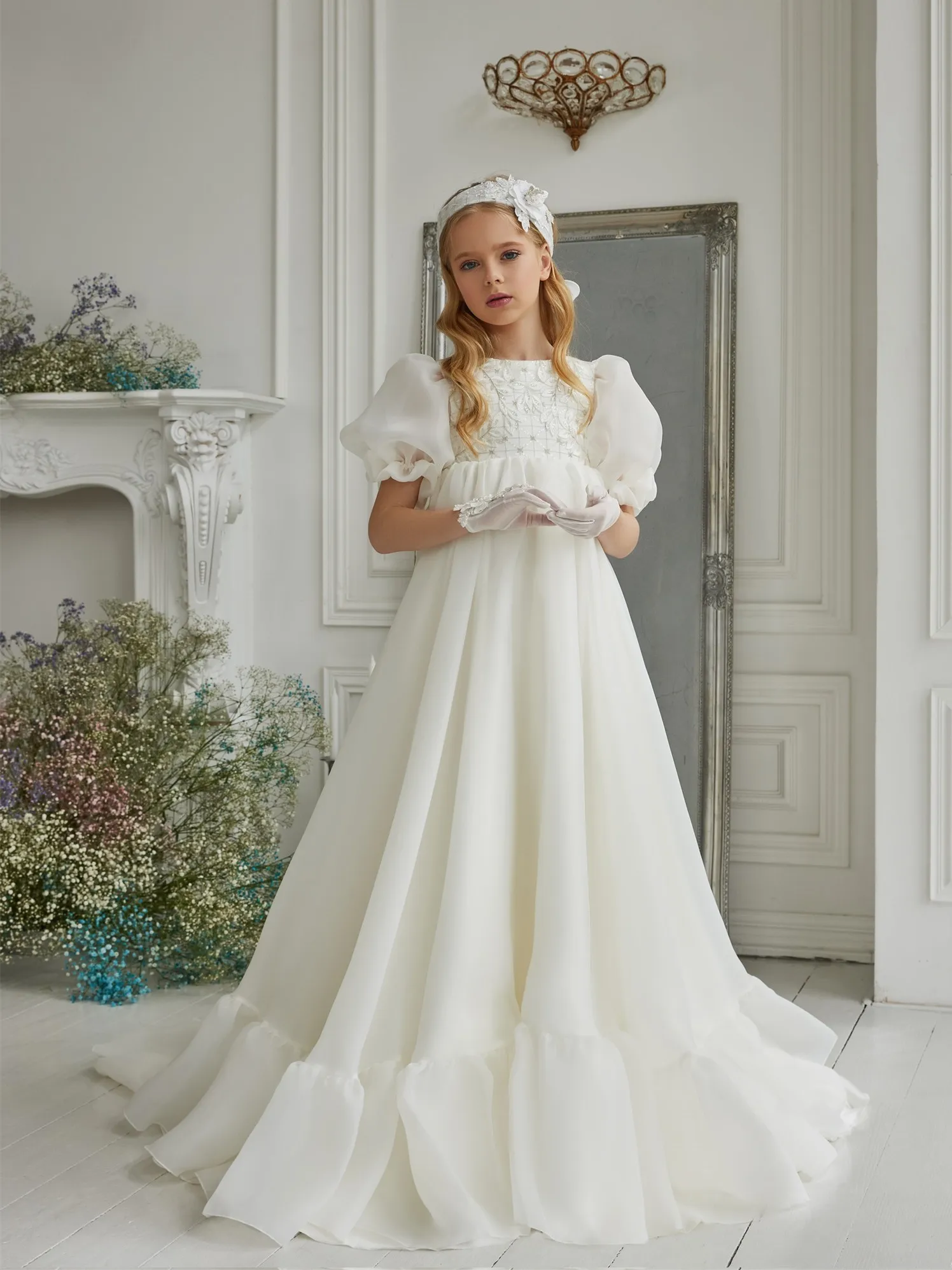 

Элегантные Платья с цветочным принтом для девочек, свадебное ТРАПЕЦИЕВИДНОЕ ПЛАТЬЕ с пышными рукавами для маленьких девочек, белое платье принцессы для дня рождения, рождественские наряды