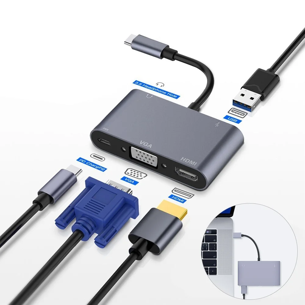 

5 in 1 USB 3.0 Hub For Computer VGA Laptop Adapter PD Charge 5 Ports HDMI 4K 3.5mm Audio Notebook Type-C Splitter Dock Station