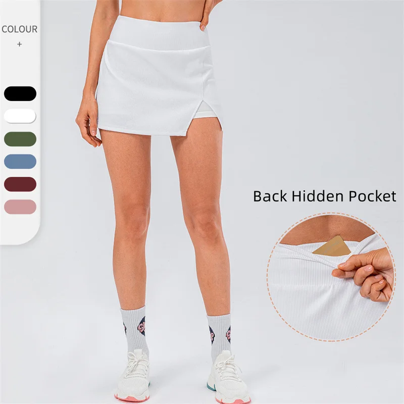 

Summer Women Fitness Lightweight Tennis Skirts Two Pieces Quick Dry Side Split Design Breathable Tight SKirt