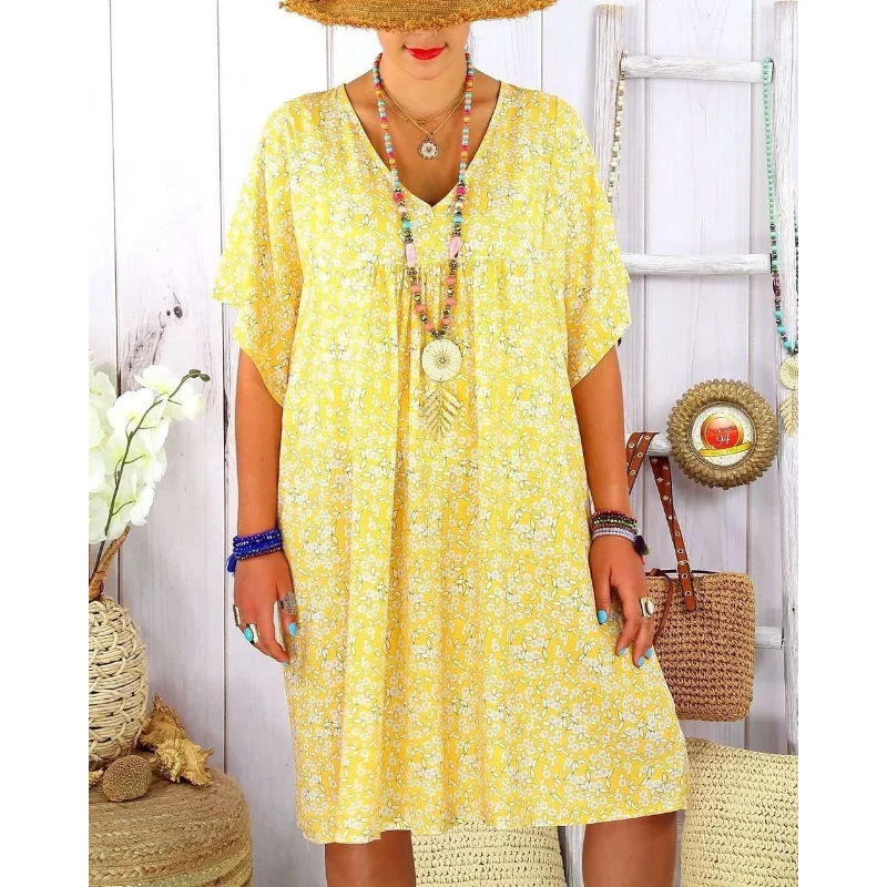 

Женское Плиссированное прямое платье, желтое платье средней длины с принтом, свободное платье с широкой юбкой, лето 2023