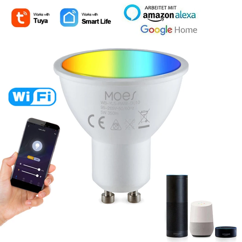 

Aubess Wifi Smart Led Light Bulb GU10 Tuya Smart Bulb GU10 Smart Wifi Lamp Led Bulb RGBW C+W Light 5W Alexa Google Home Alice
