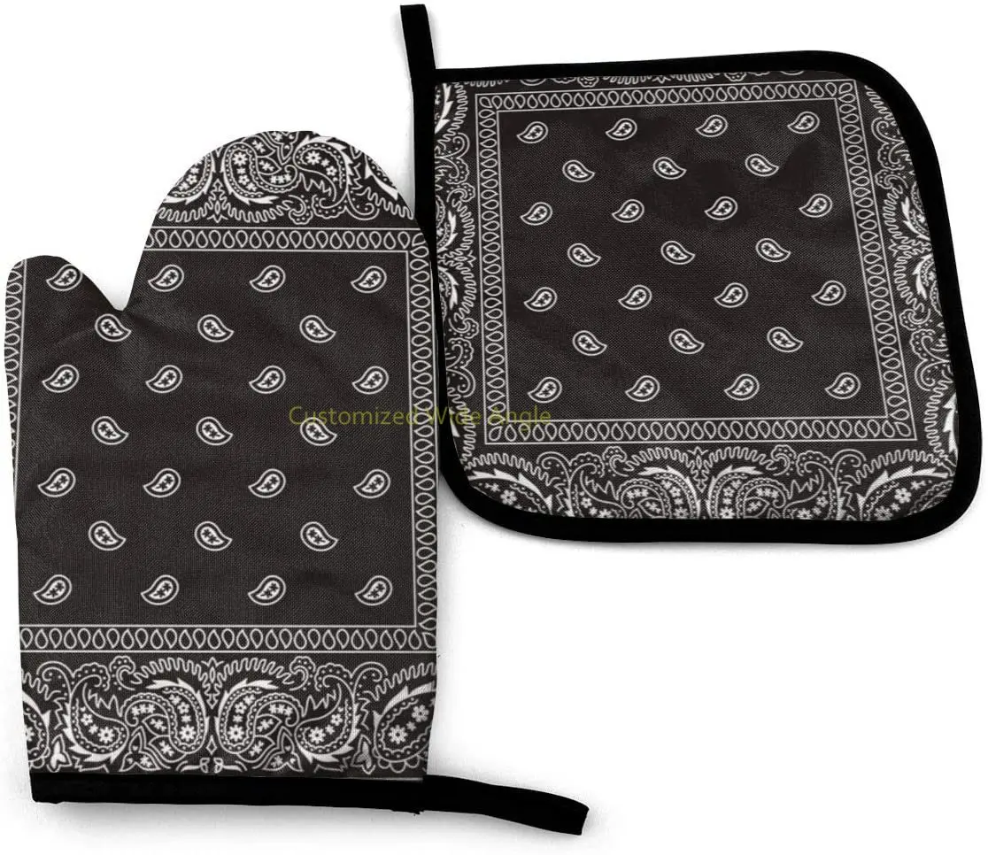 

Black Paisley Bandana Oven Glove and Pot Holder Mat Set, Advanced Heat Resistant Oven Mitt, Non-Slip Textured Grip Pot Holders