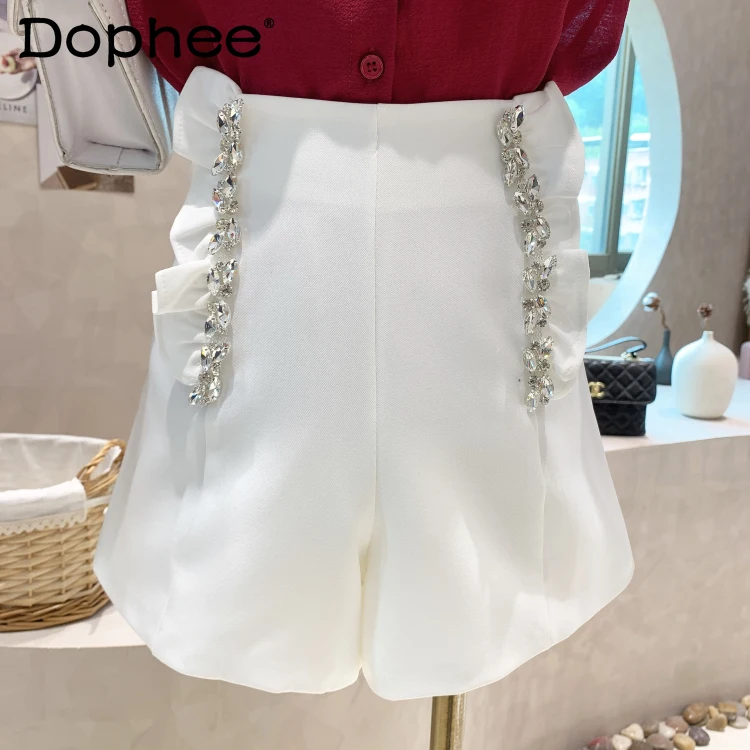 

Fashion Diamond Wooden Ear High Waist White Suit Shorts for Women's 2022 Summer New Slimming A- Line Wide Leg Shorts High Street
