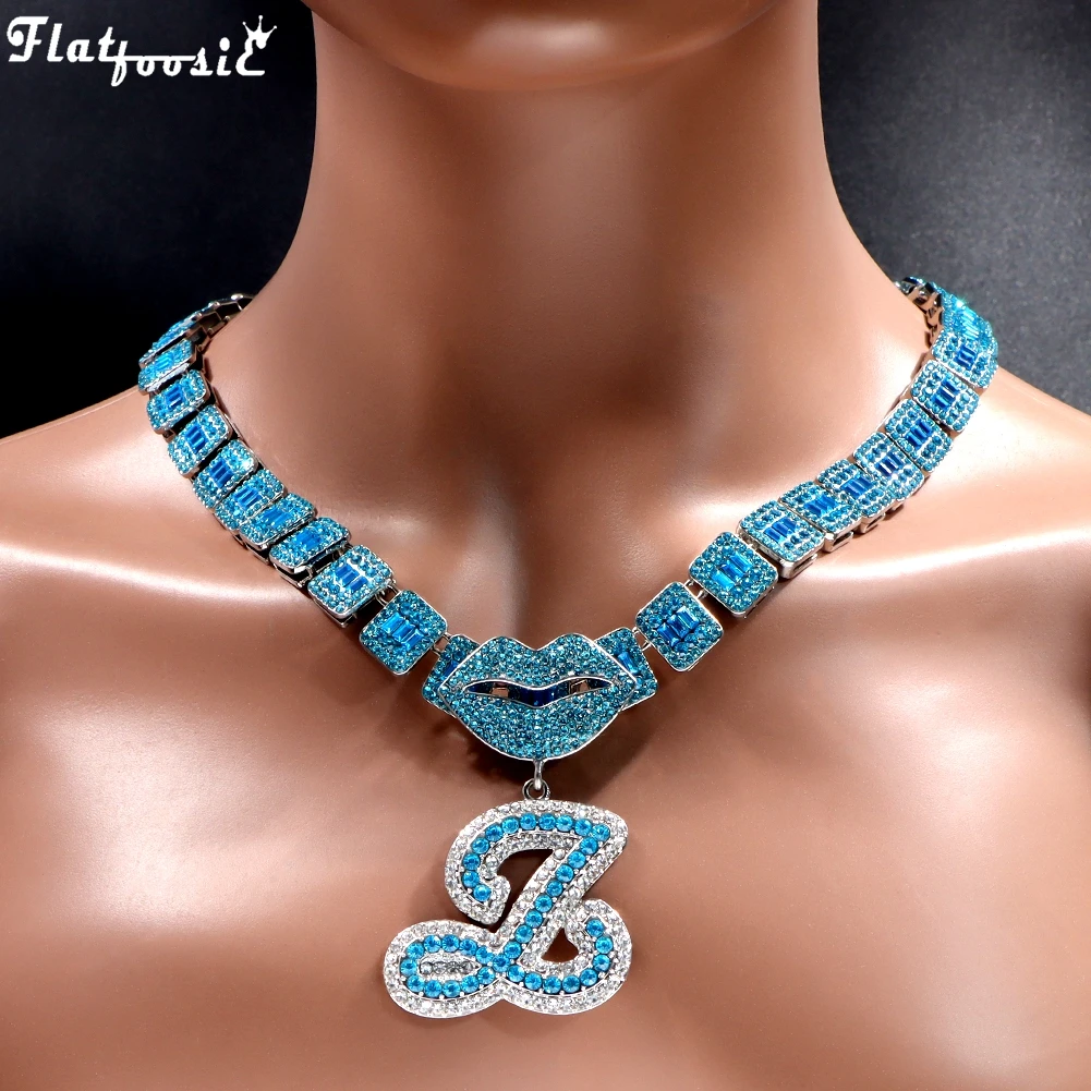 

NEW Iced Out Blue Cursive Initial Crystal Letter Pendant Necklace For Women Square Cuban Chain Baguette Necklace Hip Hop Jewelry