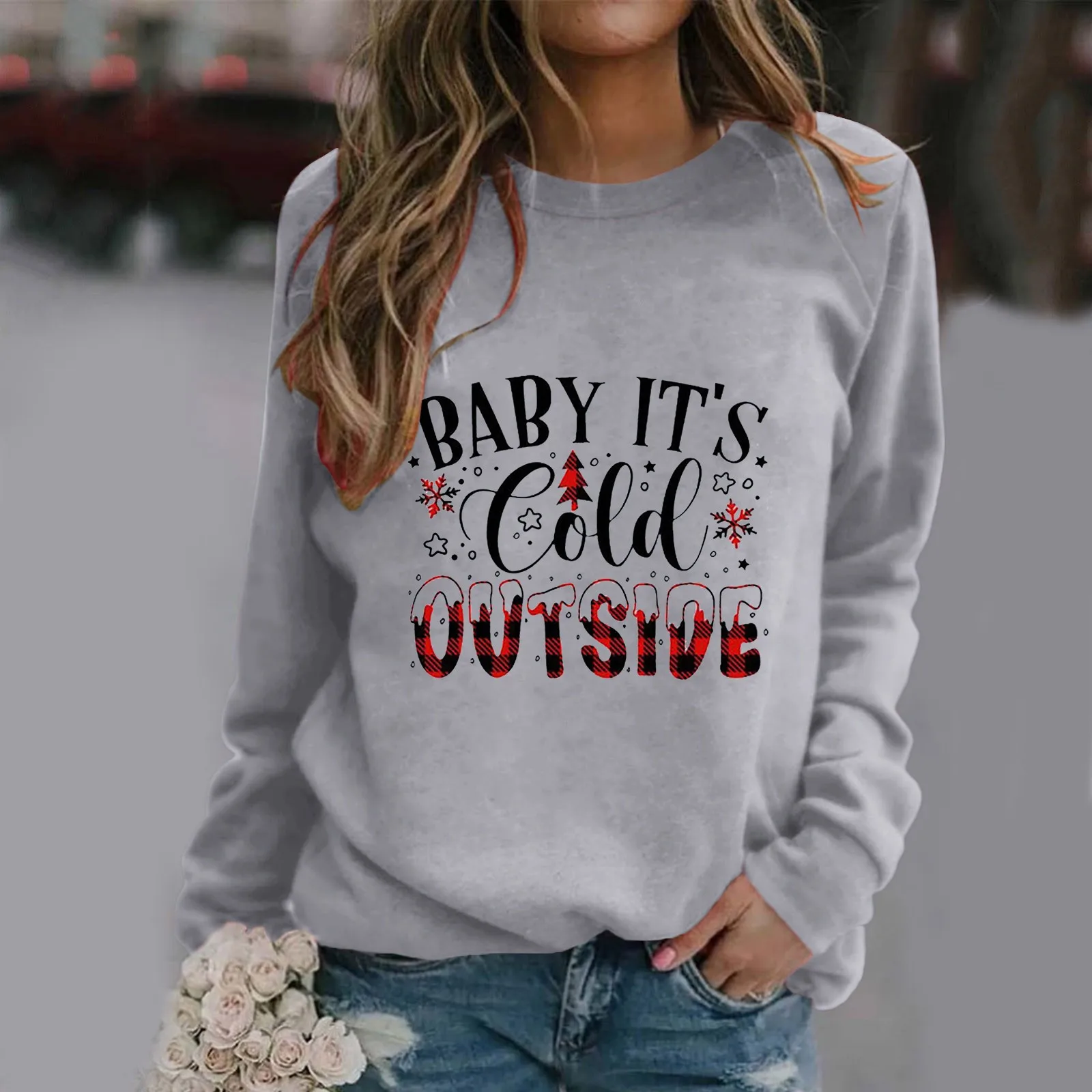 

Womens Christmas Print Sweatshirt Round Neck Fit Pullover Tops Plane Sweatshirts Quilted Sweatshirt Women Women's Pullover