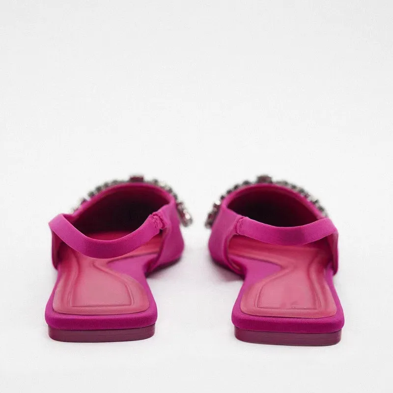 TRAF 2022 Rose Red Flat Shoes Women Rhinestone Butterfly Flat Sandals Female Muller Pointed Toe Woman Elegant Wedding Bride Shoe