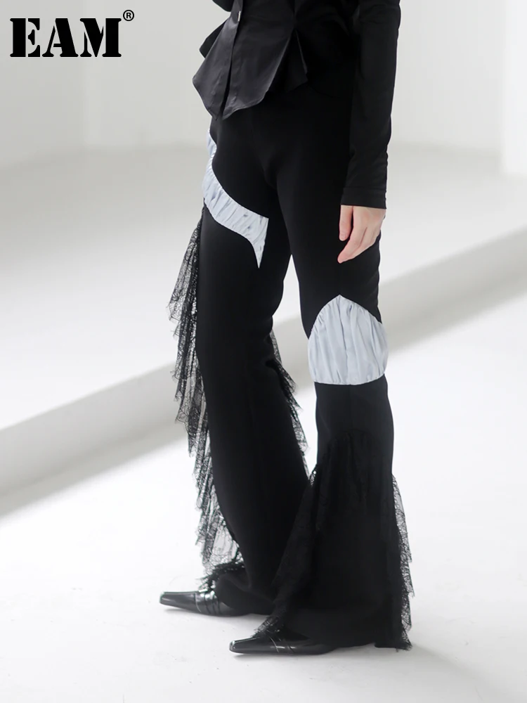 [EAM] High Waist Black Irregular Ruffles Long Tassels Pants New Loose Fit Trousers Women Fashion Tide Spring Autumn 2023 1DF0738