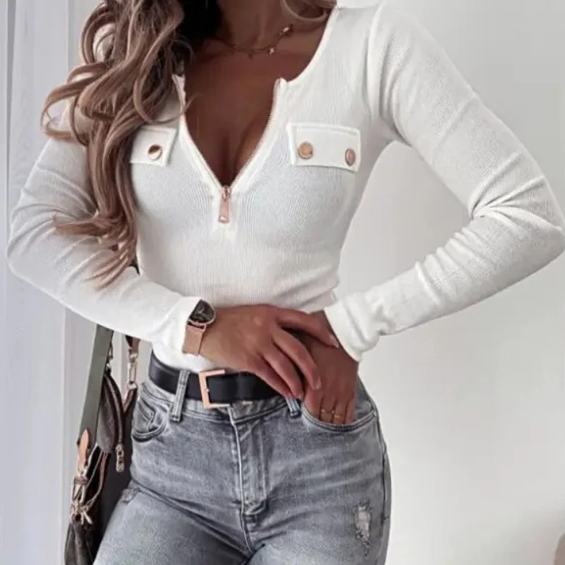 Женская модная черная футболка с длинным рукавом сексуальная облегающая вязаная