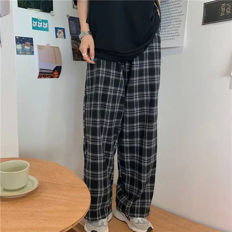 Women Plaid Pants Casual Loose Wide Leg Trousers With Pocket Ins Retro Teens Straight Trousers Hip-hop Unisex Streetwear