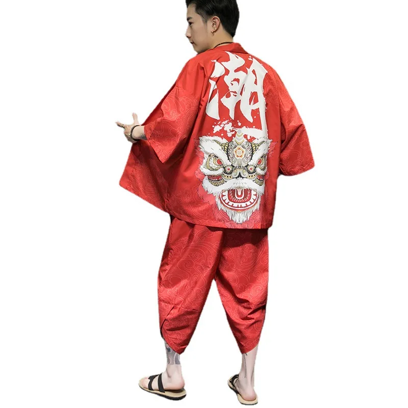 3/4 Rayon Men Pajamas Sets 2PCS Chinese Print Hanfu Kimono Robe Sleep Suit Large Size Summer Underwear Casual Home Clothes