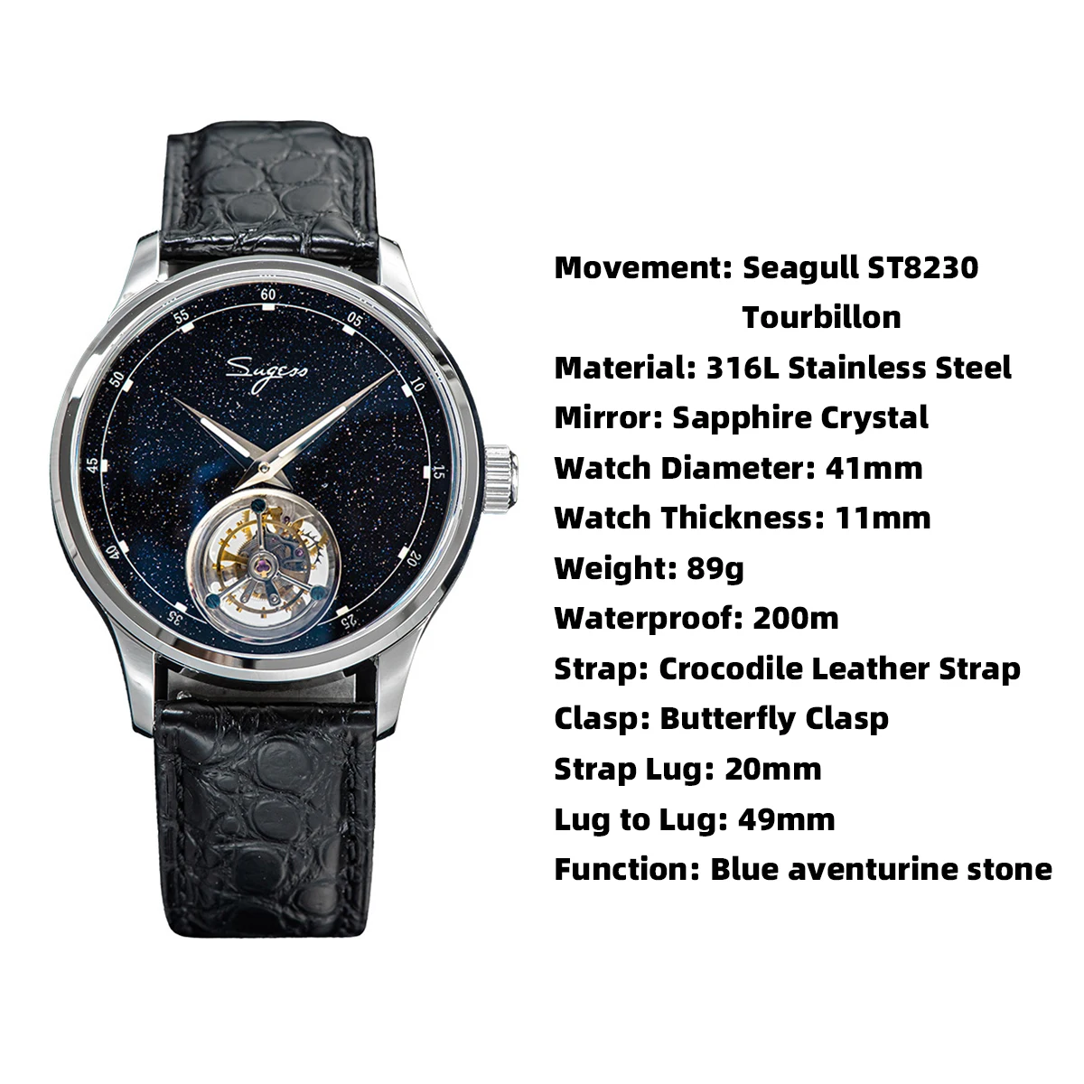 Мужские часы с турбийоном Sugess ST8230, часы с синим механизмом, роскошные механические часы с ручным заводом под крокодила, 2022 (art.: 3920bb8a4448a) - 3920bb8a4448a