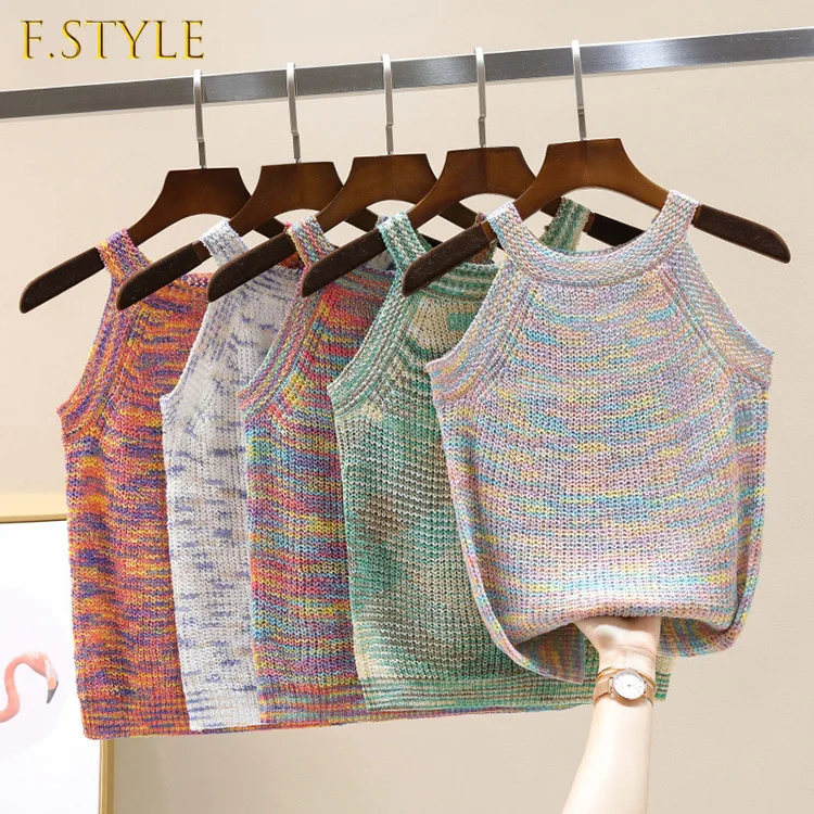 

F GIRLS Halter Neck Off-shoulder Knitted Cropped Tank Tops Female Bodycon Tanks Sleeveless Tie-dye T shirts Tees Camisole Women