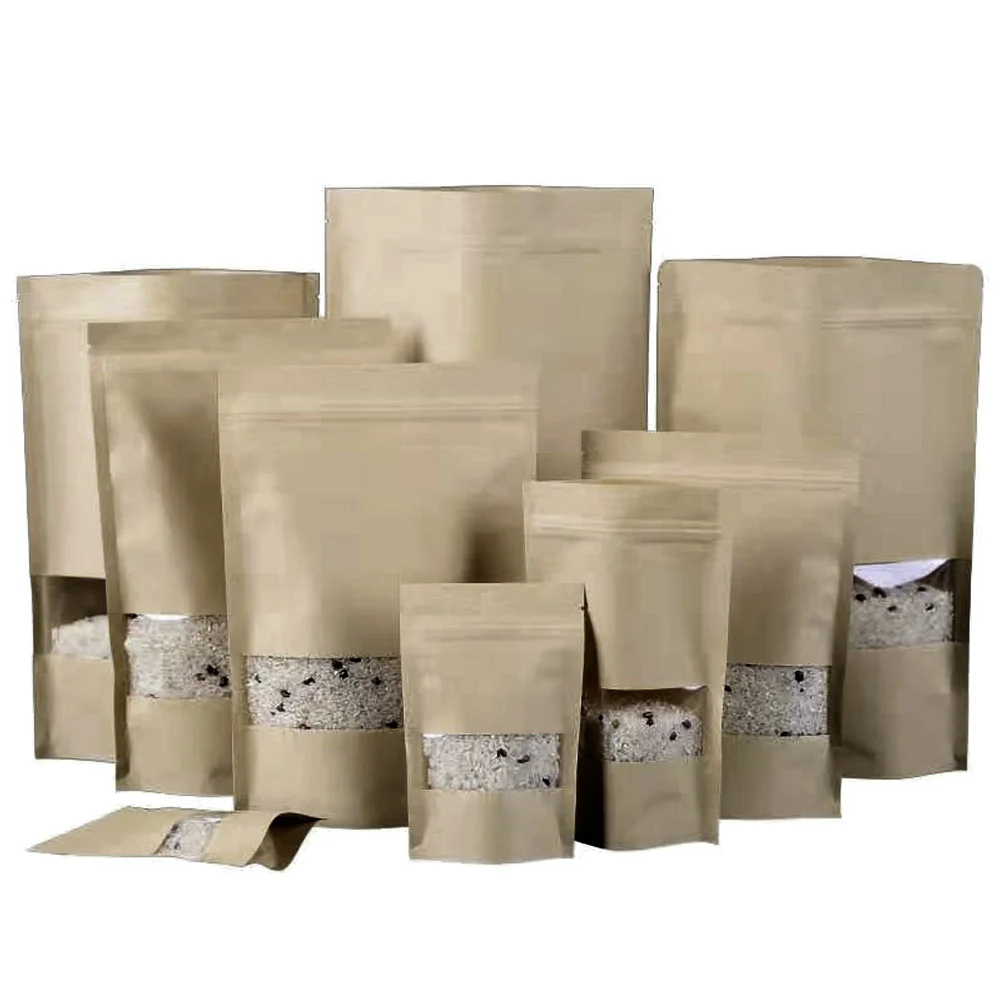 

50 Pcs Waterproof Zipper Sealed Resealable Food Grade Zip Lock Stand Up Pouches Brown Kraft Paper Bag with Clear Window