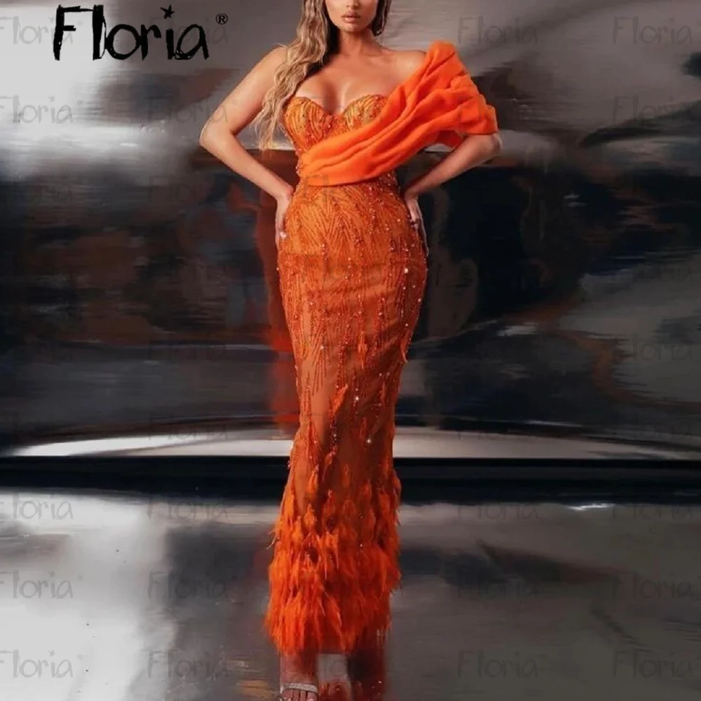 

Африканское оранжевое роскошное вечернее платье с перьями, индивидуальное для черной девушки, высококачественное платье с открытыми плечами и бусинами для свадебной вечеринки