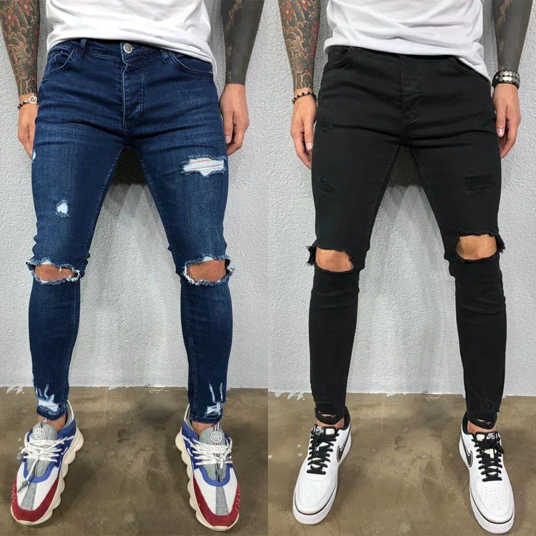 

High-quality Men Denim Pants Elastic Jeans Holes Torn Holes Pencil Trousers