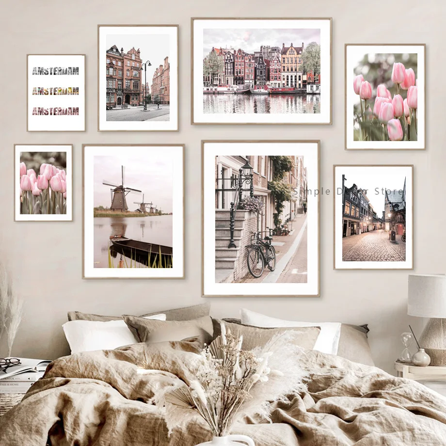 Амстердамский вид на город, тюльпаны, река, велосипед, северное искусство на холсте, картины и плакаты для декора интерьера гостиной.