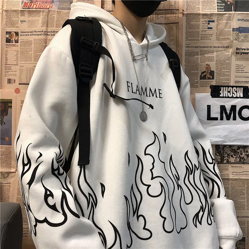 Women Flame Print Sweatshirts Autumn Hip Hop Retro Punk Zip Up Hoodies Gothic Long Sleeve Pullover Hooded Tops