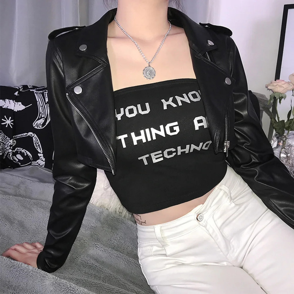 2021 PU Leather Jacket Classic Women Soft Slim Faux Leather Short Motorcycle Jackets Rivet Zipper Cool Outerwear Black punk emo