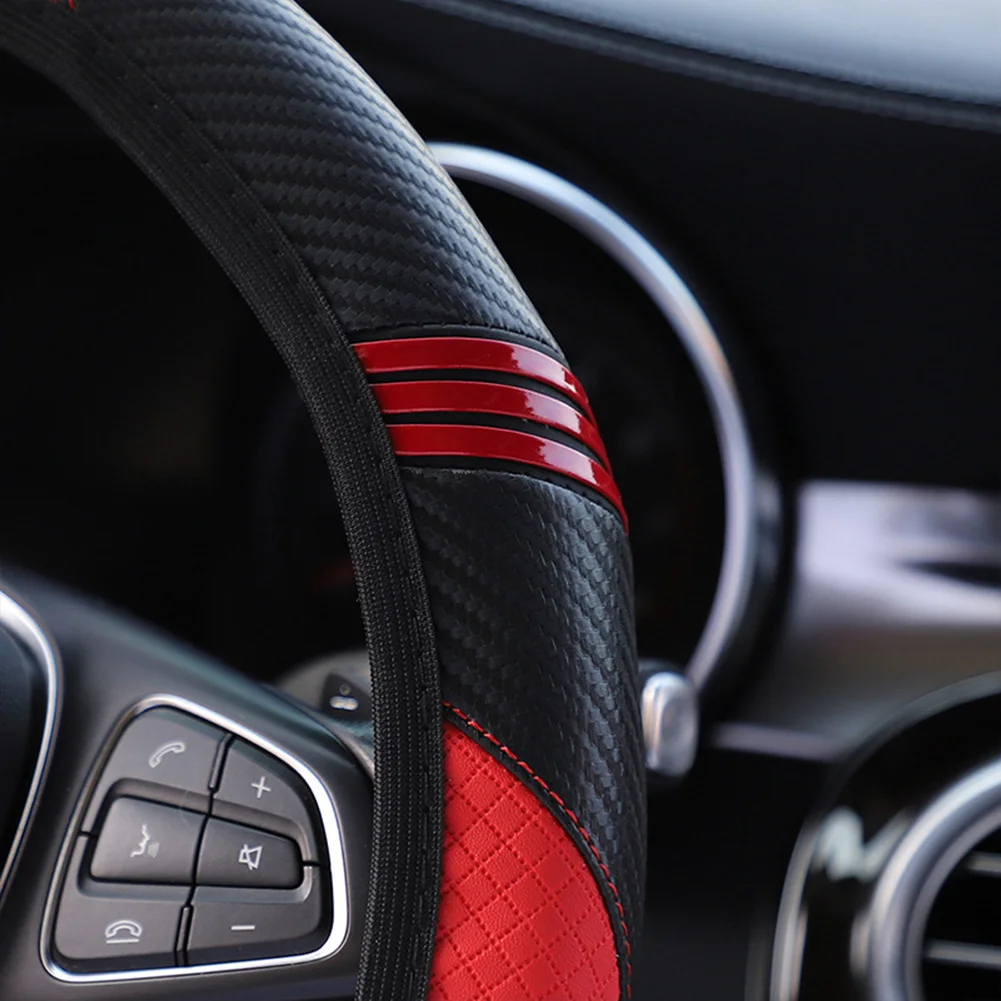 

Cover 1x Steering Wheel Universal 38CM Black Red Car Auto Carbon Fiber D Shape Easy To Install Eco-friendly Durable