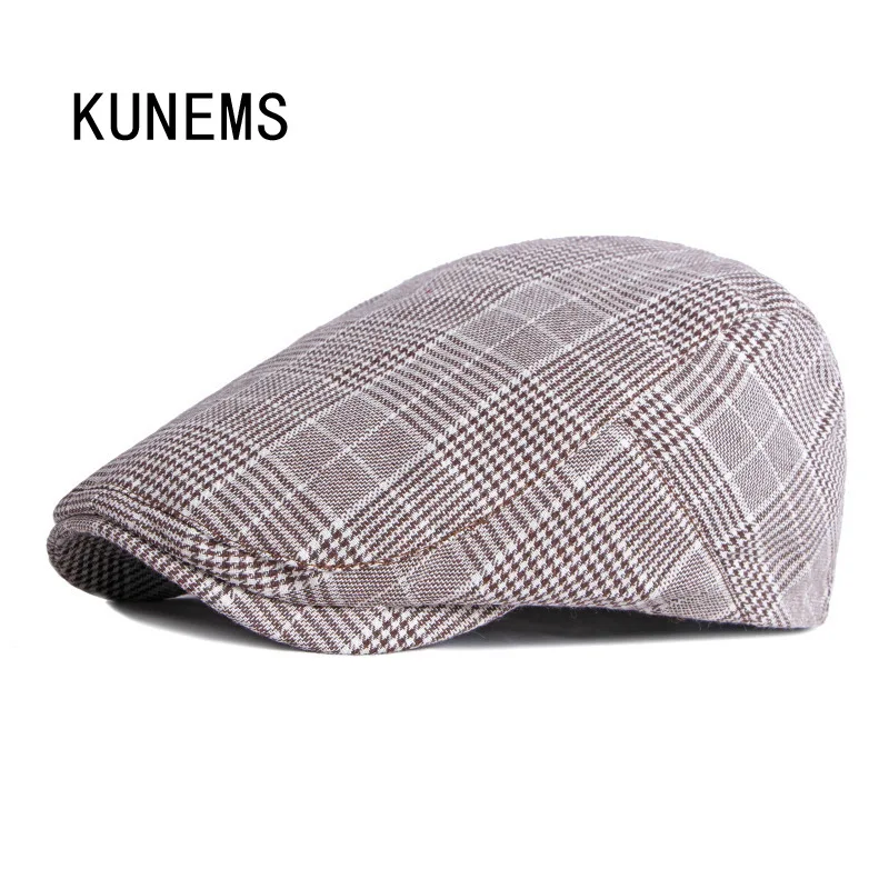 

KUNEMS Fashion Plaid Berets Retro Newsboy Hat for Man Leisure Forward Mens Hats Boina Cotton Dad Caps Striped Flat Cap Gorras