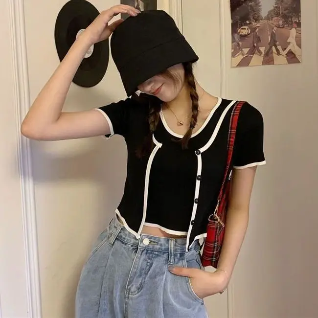 

Short Sleeve Casual Cropped Sweater Shirts Women's Buttons Patchwork Vintage Thin Sweater Pullover Crop Tops 2023