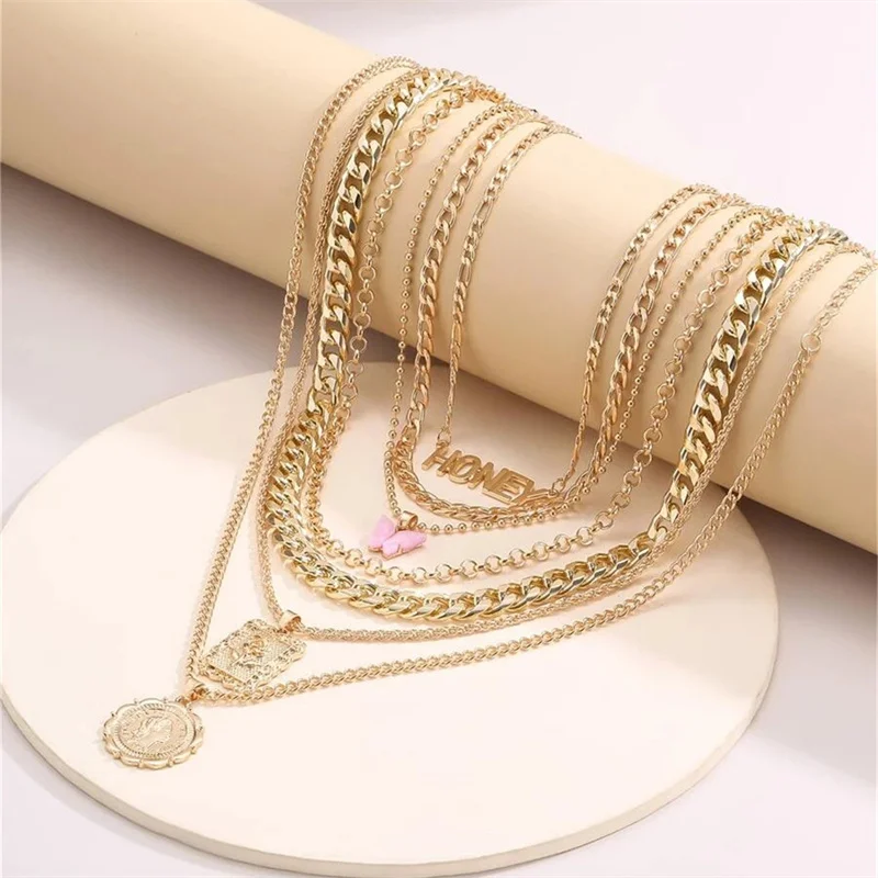 

Long Layered Letter Jewelry Personality Simple OT Buckle Multilayer Butterfly Necklace Retro Set Alloy Head Collares Cadena Gift