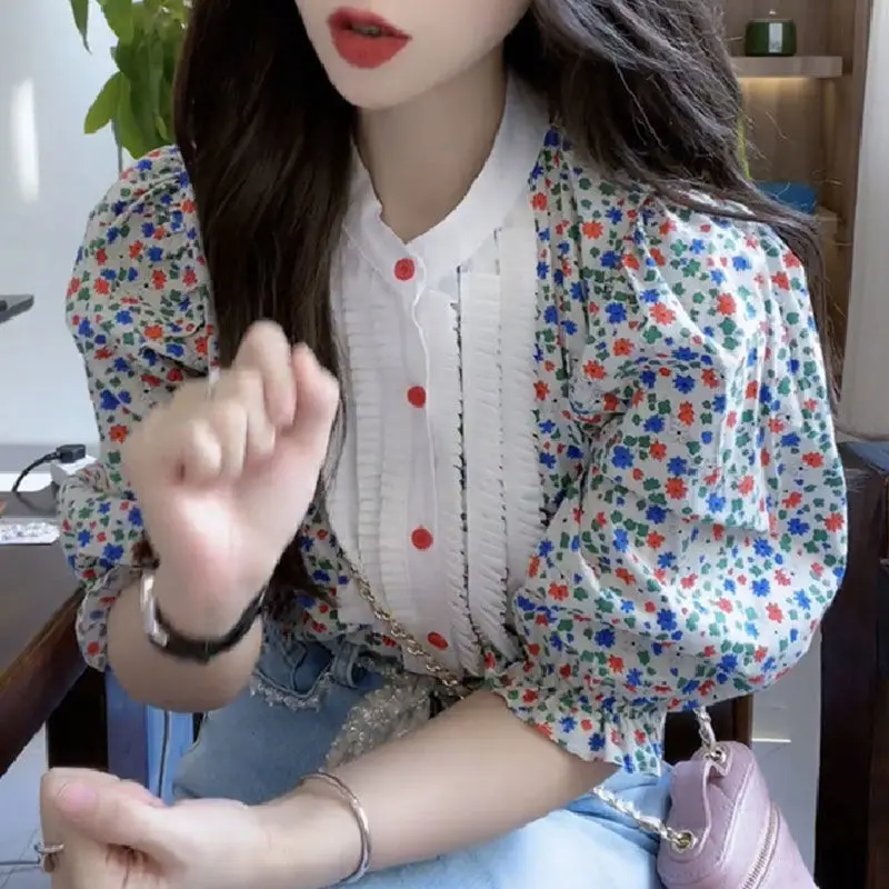 Summer New Floral Puff Sleeve Tops Tees Short Sleeve Loose Patchwork Shirts Elegant Korean Style Women Clothing