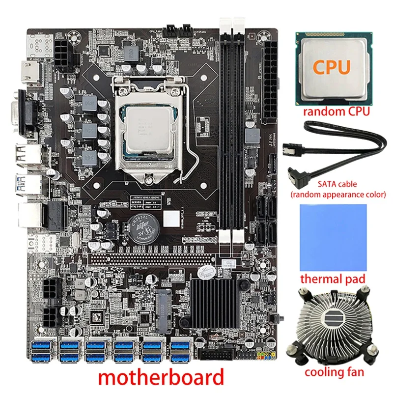 

12 Card B75 BTC Mining Motherboard+Random CPU+Cooling Fan+Thermal Pad+SATA Cable 12USB3.0(PCIE) GPU LGA1155 DDR3 SATA3.0
